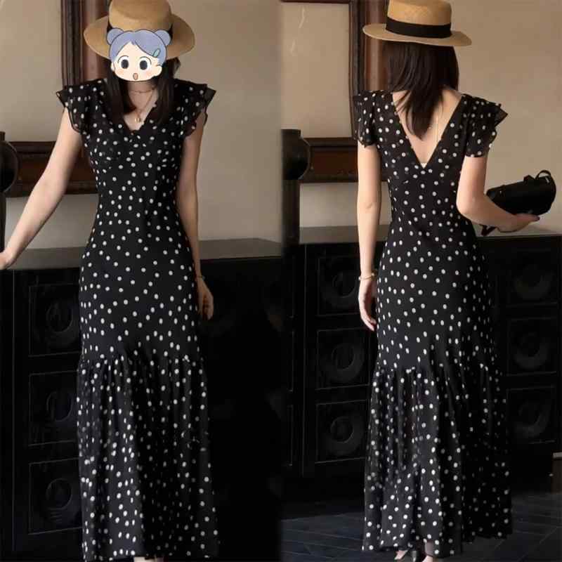 スカート　水玉　レディース 2025夏の ファッション スリムの レディース ネット スタイリッシュな Vネックの ドットの ドレス ウエスト 万能 スタイル(4)