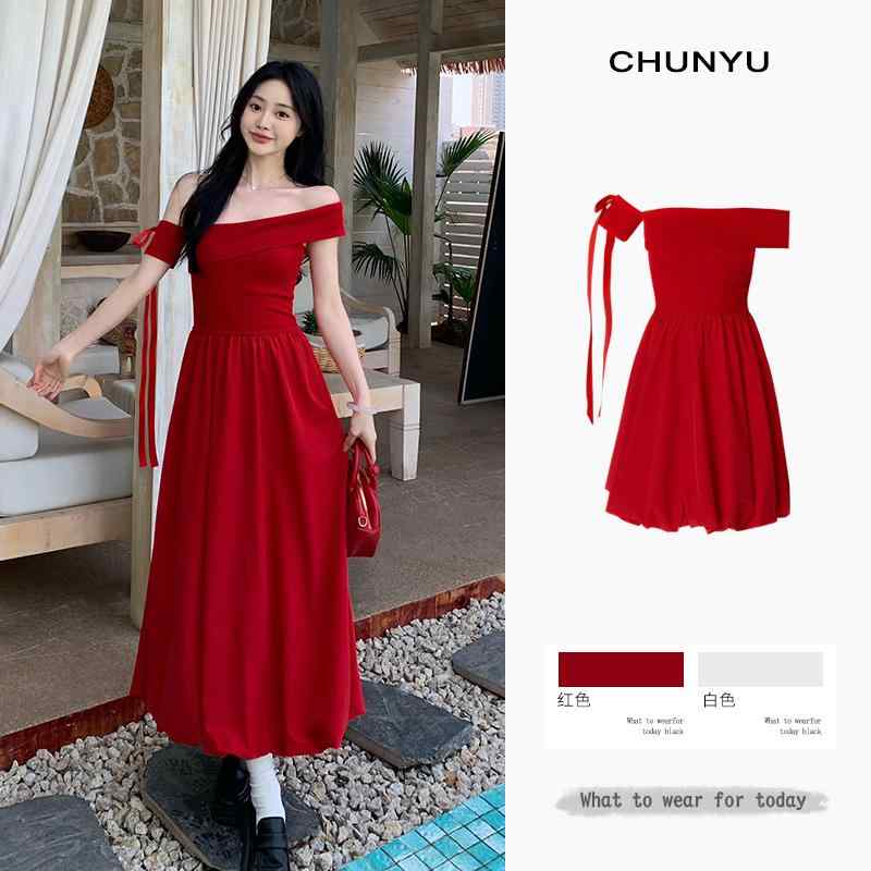 Aラインスカート ボトムス カジュアル シンプル ゆったり スカート　水玉　レディース 夏の レディース 大きいサイズ フランスの ワンショルダーの 赤い ドレス ハイエンド 花の つぼみの スカート 美しい ユニークで