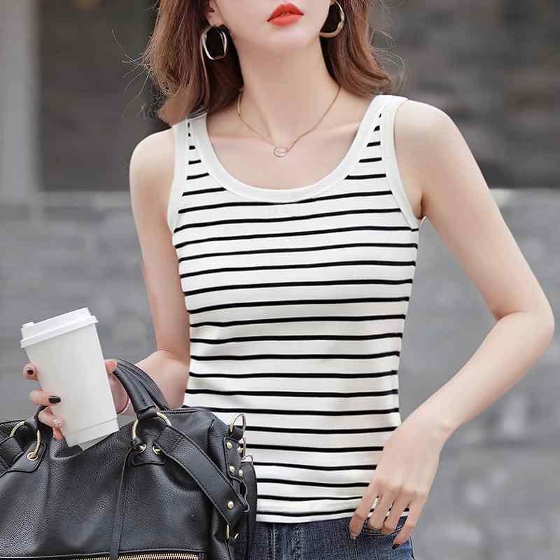 トップス 女性用 シンプル 無地 Vネック　キャミソール　ノースリーブ 黒と 白の ストライプの 綿の スリムフィット インナーベスト トップ 女性用 2025 春夏の新 スタイル アウターウェア サスペンダー
