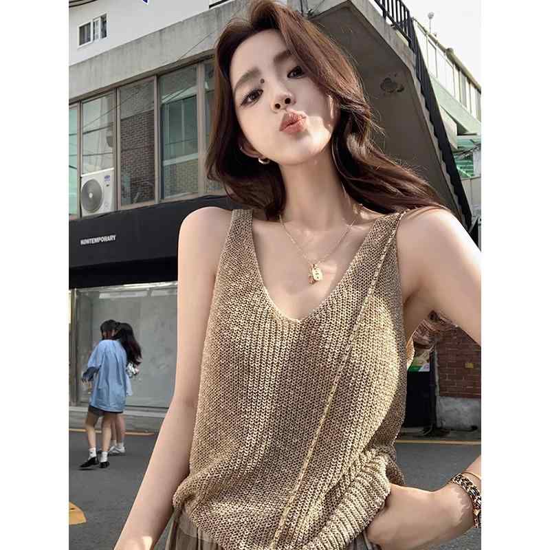 トップス 女性用 シンプル 無地 Vネック　キャミソール　ノースリーブ フランスの レトロ Vネック ニッ..