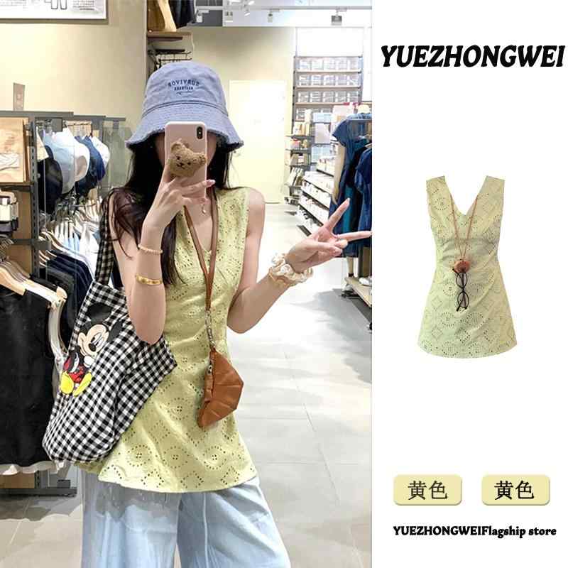 トップス 女性用 シンプル 無地 Vネック　キャミソール　ノースリーブ 夏の 女性用 イエロー Vネック ..