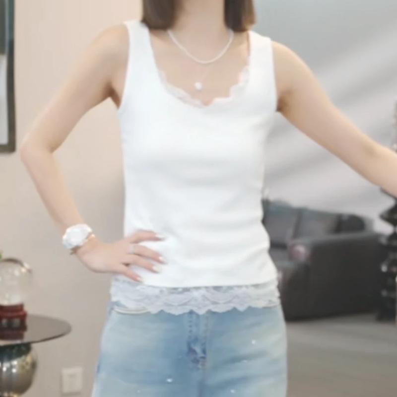 トップス 女性用 シンプル 無地 大人カワイイ Vネック　キャミソール　ノースリーブ レース ホワイト ..
