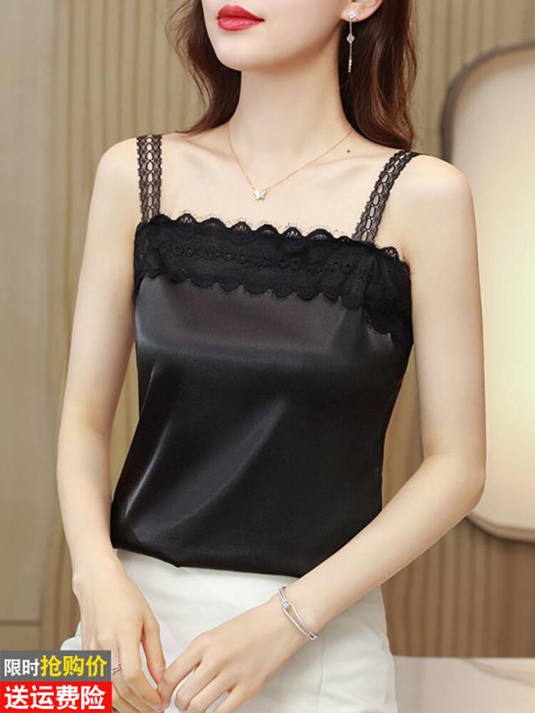 トップス 女性用 シンプル 無地 大人カワイイ Vネック　キャミソール　ノースリーブ ブラック レース ..