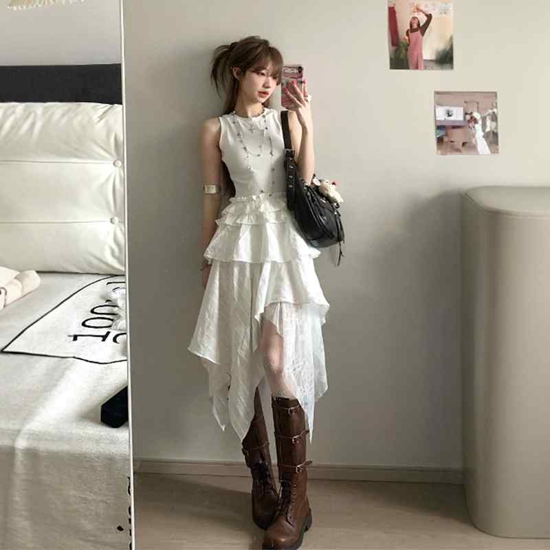 レディース おしゃれ スカート かわいい きれいめ ロングスカート　ドレス　レディース フレンチ 白い ラウンドネックの 不規則な ノースリーブの ドレス 女性用 夏用 な ウエストの スリミング ベスト ロング スカート