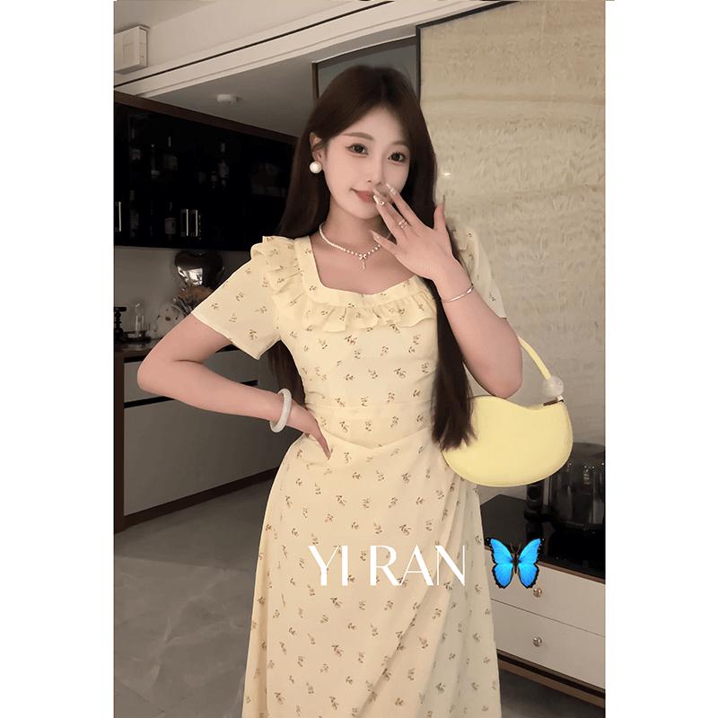 レディース おしゃれ スカート かわいい きれいめ ロングスカート　ドレス　レディース スリム ウエストと ヒップを 備えた 夏用の 大きいサイズ フレンチ フリルドレス 半袖と 花柄 スカートを 太った MM用の ロング スカート