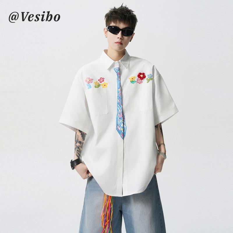 スタイリッシュ カジュアル おしゃれ 半袖Yシャツ　メンズ　 アメリカ 手 描きの グラフィティ シャツ メンズ 夏 半袖 カレッジ スタイル 花柄 トップ(4)