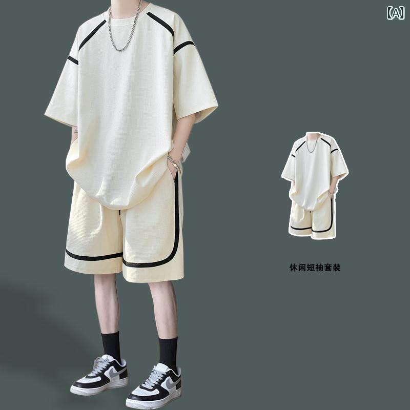 冷感 防シワ クール ひんやり 涼しい Tシャツ　メンズ　セットアップ 夏の の ゆったり 半袖 Tシャツ メンズウェアと ショート パンツ な 学生 スーツ セット