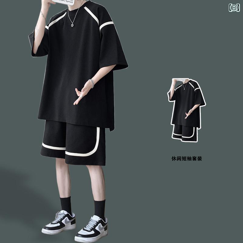 冷感 防シワ クール ひんやり 涼しい Tシャツ　メンズ　セットアップ 夏の の ゆったり 半袖 Tシャツ メンズウェアと ショート パンツ な 学生 スーツ セット