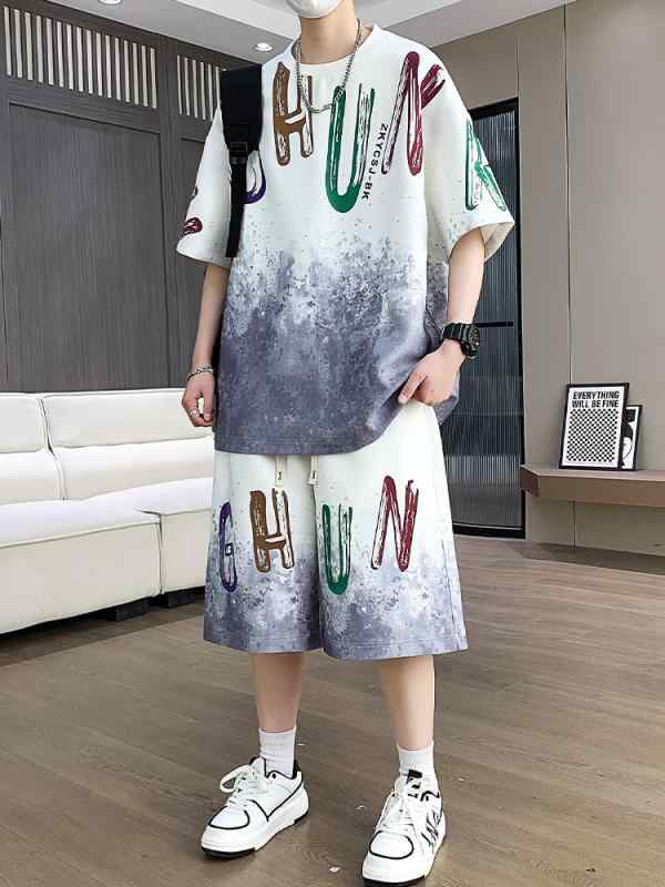 冷感 防シワ クール ひんやり 涼しい Tシャツ メンズ セットアップ 氷の 感触の 半袖 ショート パンツ スーツ メンズ 夏 グラデーション 5点 Tシャツ ティーンエイジャーの な マッチング セット