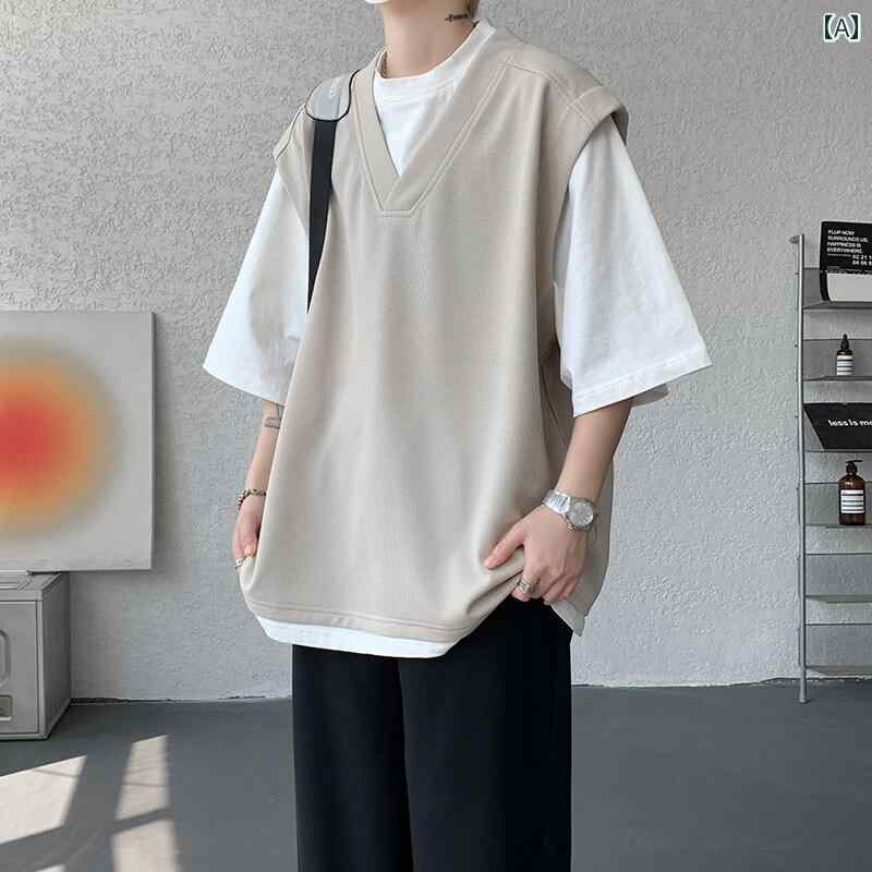 冷感 防シワ クール ひんやり 涼しい メンズ　Tシャツ　セットアップ フェイク ツーピース 半袖 Tシャツ メンズ 夏 着用な スーツ