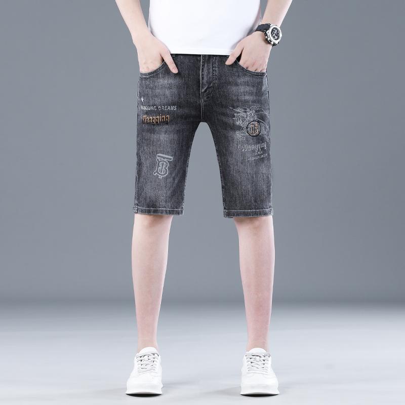 ダメージ加工 ゆったりシルエット ウォッシュ加工 デニム　ショートパンツ　メンズ アメリカン 刺繍の 夏の カジュアル パンツの ショート パンツ 5点 な デニムショートパンツ メンズ ストレートの 伸縮性の ある(4)