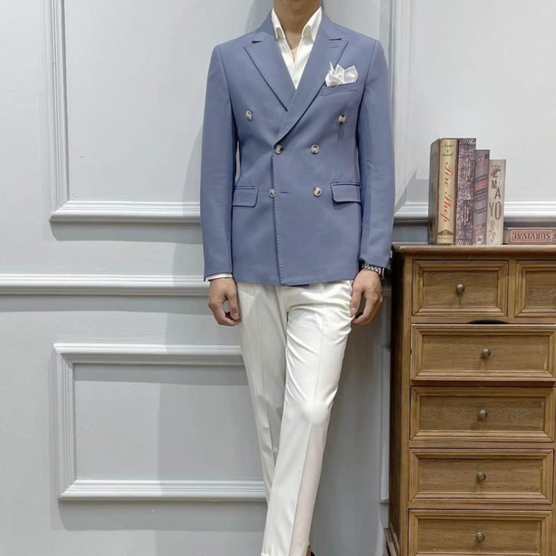 かっこいい スタイリッシュ快適 動きやすい スーツ　セットアップ　ブルー GH ライト ブルー スーツ ジャケット シンプル カジュアル ダブルブレスト スリム コットン メンズ ビジネス 韓国