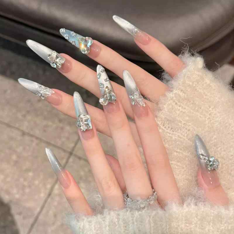 ワンホンネイル グラデーション ワンカラー シンプルネイル ネイル アート パッチ 【 オーシャン エルフ】 高級 マニキュア ロング ハート型 ラインストーン ブライダルウェディング ネイル ホワイトニング スタイル