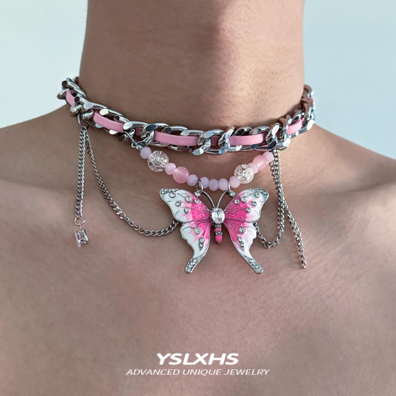 シンプル 短め カジュアル おしゃれ Y2K チョーカー　ネックレス　レディース ピンク バタフライチョー..