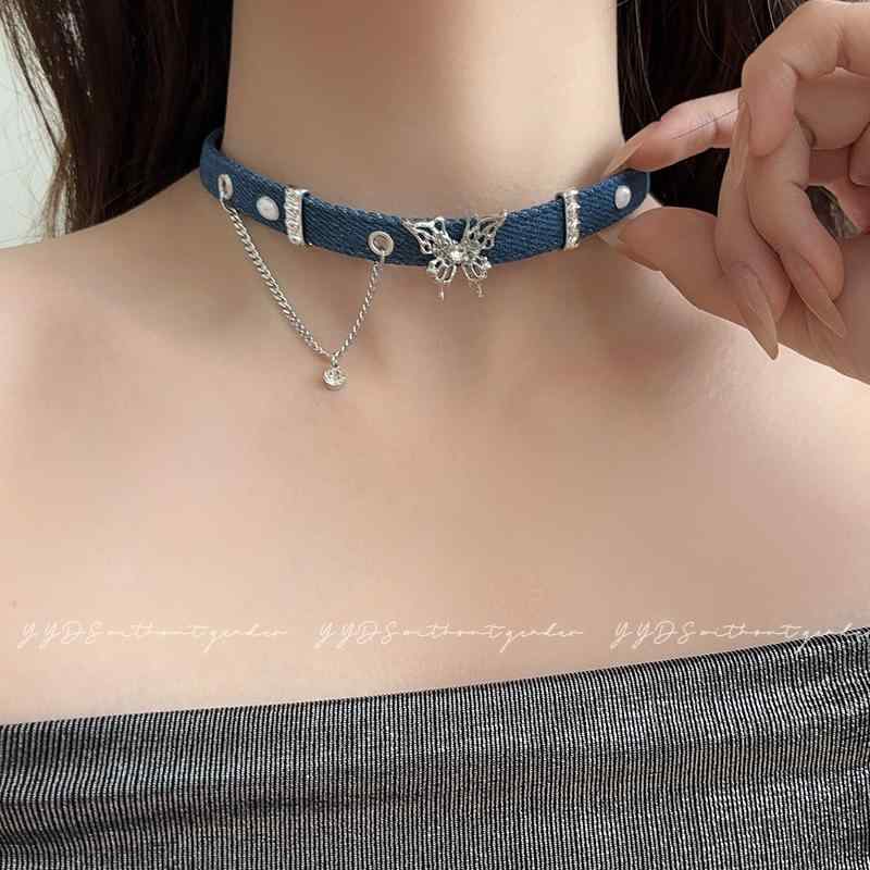 ゴシック調 レザー シンプル 短め カジュアル チョーカー　アクセサリー　レディース わかった ブルーデニムの バタフライ カラー 女性用 チョーカー ネックレス なの 鎖骨 チェーン 甘くて クールな ホット ガール