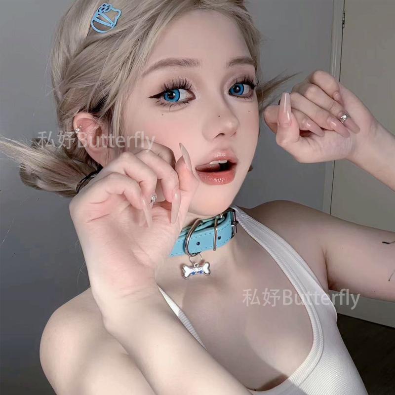 シンプル 短め カジュアル おしゃれ チョーカー　アクセサリー　レディース プライベート Y2K ブルー パピー ボーン ホット ガール スウィート クール レザー チョーカー ネックレス 首輪 パンク スタイル 鎖骨 チェーン