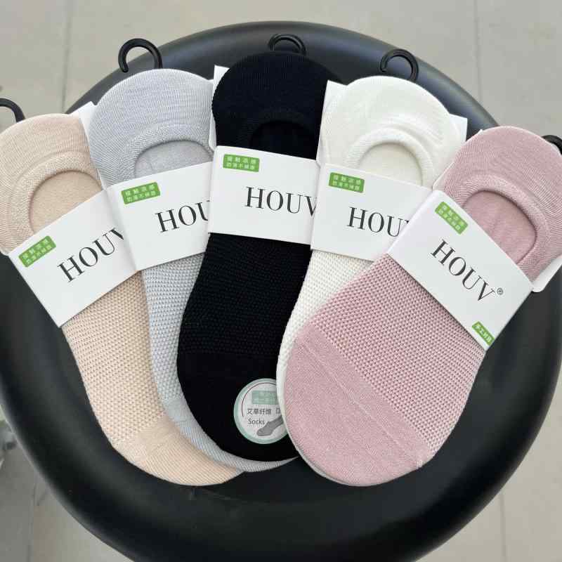 滑り止め ソックス 足裏アーチ レディース　ソックス　レギンス HOUV 1719 ミックス カラー よもぎ 繊維 レディース フィッシュ ネット ストッキング 通気性 吸汗性 シリコン 滑り止め 浅め 見えない ボート ソックス 5 足 組