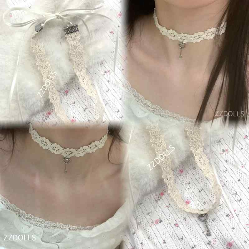 ゴシック調 レザー シンプル 短め カジュアル チョーカー　アクセサリー　レディース コットン レース チョーカー ネックレス ストラップ キュートな 巻き ラブ キー クロス ニット