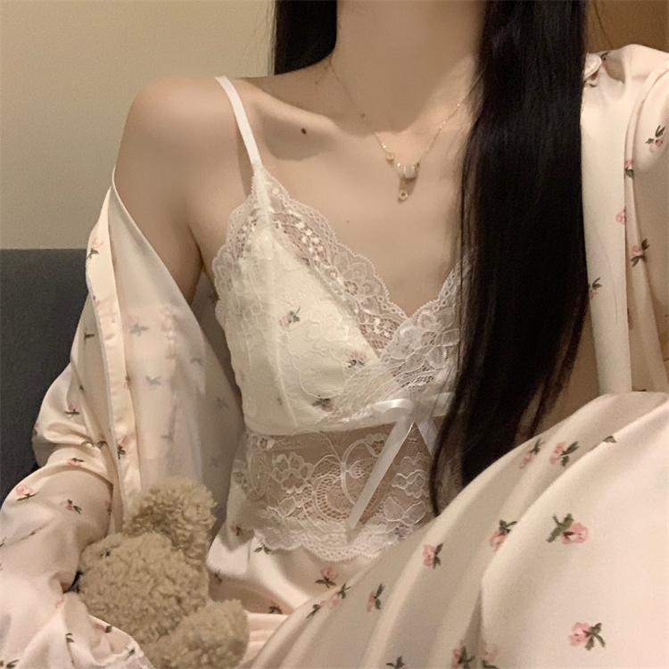 キャミソール ショート丈 ルームウェア 部屋着 インナー レディース ナイト 夏 麗 佳 春秋 Vネック レース スリング 長袖 ズボン シルク 花柄 パジャマ...