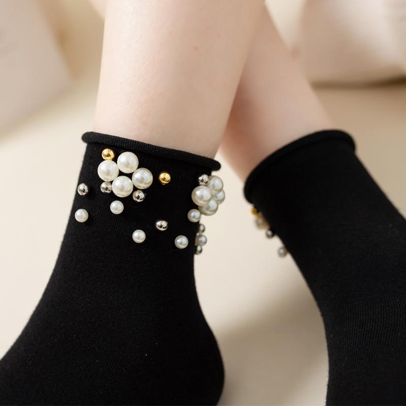 ゆったり伸縮 通気性抜群 滑り止め 履きやすい レディース ソックス シューズ 韓国 キャンディーカラーの カール パール ソックス レディース イン メリージェーン シューズと 個性的な ビーズ ショート(4)