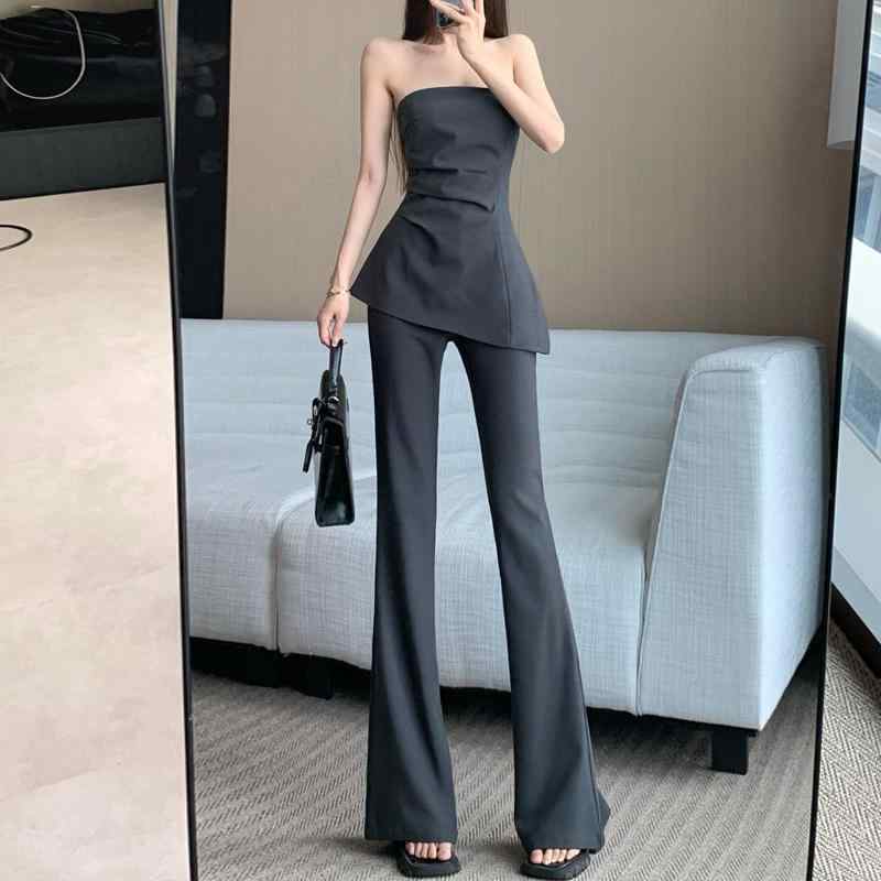 オシャレ カワイイ シンプル 大人カワイイ スーツ　ツーピース　レディース 2025夏の 服装 なの チューブ トップ スーツ レディース ハイウエスト フレアパンツ カジュアル ツーピース 完全な セット