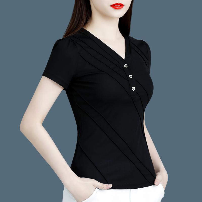 へそ出し 無地 韓国ファッション クロップド丈 プリント　Tシャツ　レディース 2025夏の 女性用 半袖 Tシャツ な 小さい シャツ お腹を カバー する 薄手 黒の ショート Vネック トップ