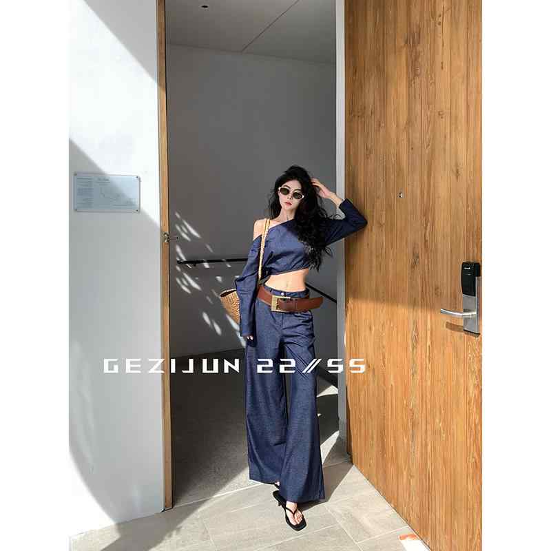 セットアップ 大人 上品 高級 おしゃれ デニム　スタイル　レディース　 GeZiJun 斜め 肩 デニムスーツ 女性 春 背の 高さ レディース 服装 ツーピース スーツ(4)