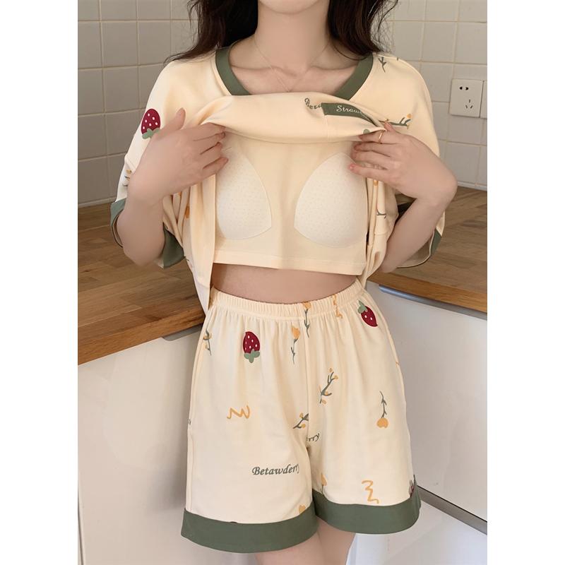 ルームウエア 女性用 カップ付き リラックスウエア パジャマ レディース かわいい 女性用 夏用 パジャマ 綿 半袖 胸 パッド 付き 2025夏 かわいい イチゴ 柄 ホームウェア スーツ