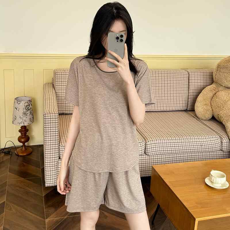 パジャマ ブラトップ カップ付きインナートップス パジャマ　レディース　かわいい 女性用 夏用 モダール ラウンドネック 半袖 パジャマ 胸 パッド 付き 屋外で 着用 でき 衝撃を 防ぐ 夏の ホームウェア スーツ