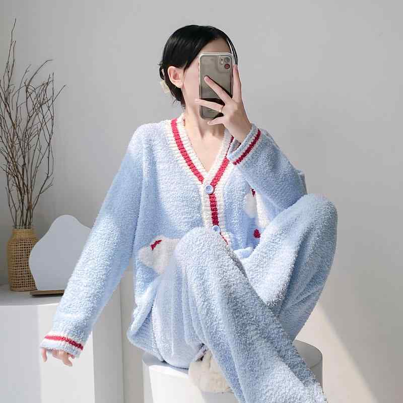 もこもこ ルームウェア 暖かい かわいい パジャマ　レディース　かわいい 青空と 雲の コーラル フリース パジャマ レディース 冬 裏起毛 厚手 ハーフ ベルベット 甘くて キュートな 冬用 ホームウェア セット