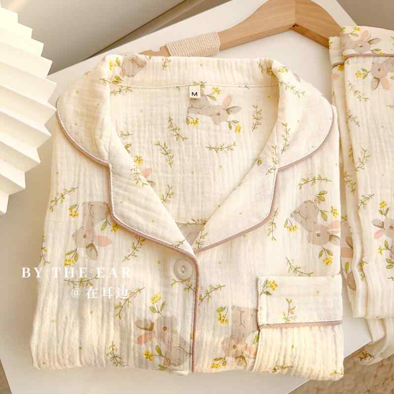 もこもこ ルームウェア 暖かい かわいい パジャマ　レディース　かわいい ウィンドチャイム バニー コットン パジャマ レディース 春秋用新 スタイル スイート ダブルレイヤー ガーゼ 長袖 ズボン ホームウェア スーツ