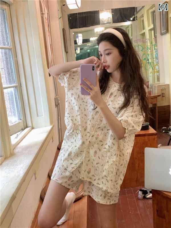 もこもこ ルームウェア 暖かい かわいい パジャマ　レディース　かわいい かわいい の ウサギの 綿 リネンの パジャマ レディース 夏の 半袖 ショート パンツ ガーゼ レースカーディガン ホーム 服 スーツ 2