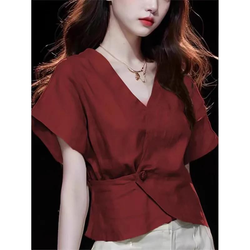 シンプル ベーシック カジュアル ストリート きれいめ Vネック　セーター　レディース 大きいサイズ 300 斤 フランス 風 Vネック 半袖 シャツ 女性 夏 mm ウエスト スリミング トップス