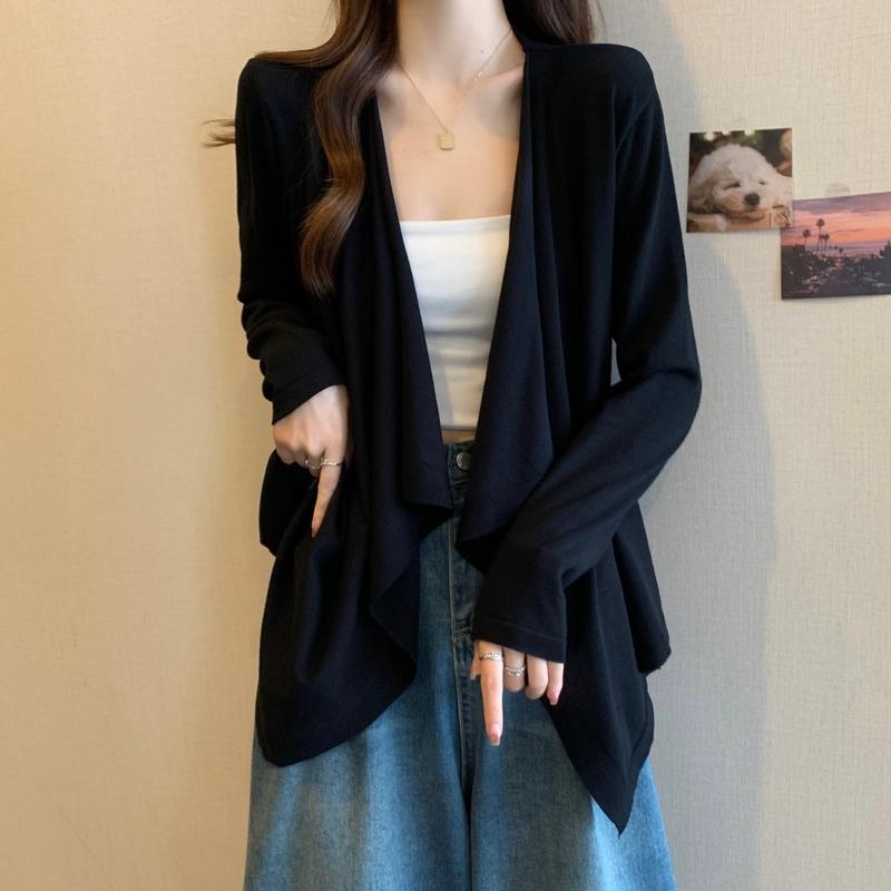 シンプル ベーシック ストレッチ カジュアル きれいめ Vネック　セーター　レディース 春の レディース ブラック Vネック 冷感 ニット ジャケット 大きいサイズ 太めの mm スリミングと お腹 カバー 日焼け防止 カーディガン 付き ミディアム 丈 アウター