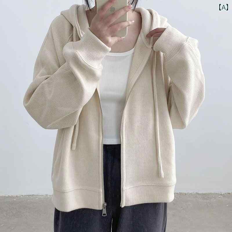レディース パーカー ジップパーカー トップス 長袖 無地 肩の 袖の カーディガンの レディース 短い 上着の 春秋 2025の 新型の 帽子の オーバーの ゆったりしている カジュアル カーディガンは 高くて 痩せています。(4)