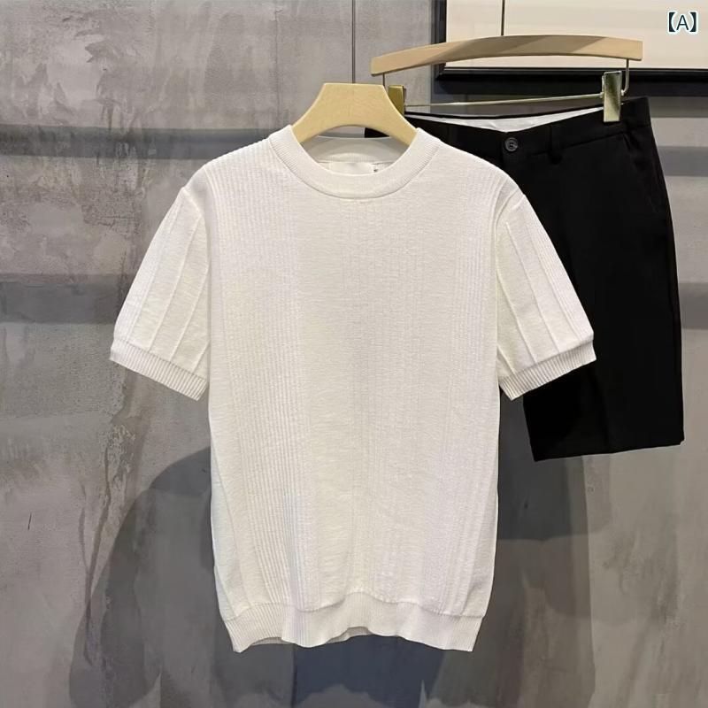 メンズ スウェット トップス 長袖 夏の ラウンドネック 半袖 セーター メンズ 冷感 スリム ビジネス スリム Tシャツ クロスボーダー