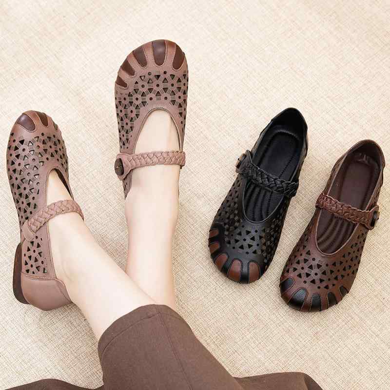 滑り止め ソフトボトム クッション スリッパ　シューズ　カジュアル レトロ 穴 レディースシューズ 夏 マザー サンダル 革 ソフト ソール 高齢者 シューズ フラット ヒール 滑り止め