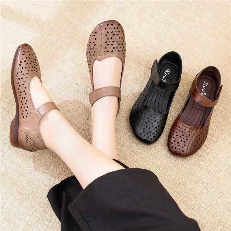快適 カジュアルシューズ 普段使い シューズ　スリッパ　カジュアル レディース 夏の 革 マザー シューズ サンダル 柔らかい 靴 底 滑り止め 牛革 中年 高齢者 革靴