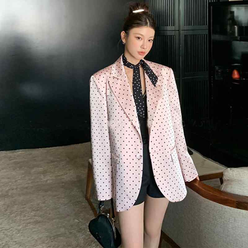 洗える ウォッシャブル オールシーズン ビジネス　スーツ　ジャケット 高級 ピンクの ドットの アセテート スーツ ジャケット サテンの マイクロプロ ファイルの ゆったり トップ