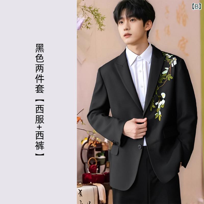 洗える ウォッシャブル オールシーズン スーツ　ジャケット　カジュアル ウッドペッカー 新郎 婚約 中国 スーツ メンズ ウェディング カメ リア ライト 高級 刺繍 ジャケット