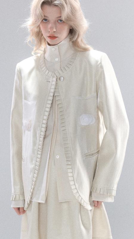 洗える ウォッシャブル オールシーズン スーツ　ジャケット　カジュアル Chang Guang Yuanzi インフォーマル スクール レース ステッチ メッシュポケット ラウンドネック サテン スーツ ジャケット