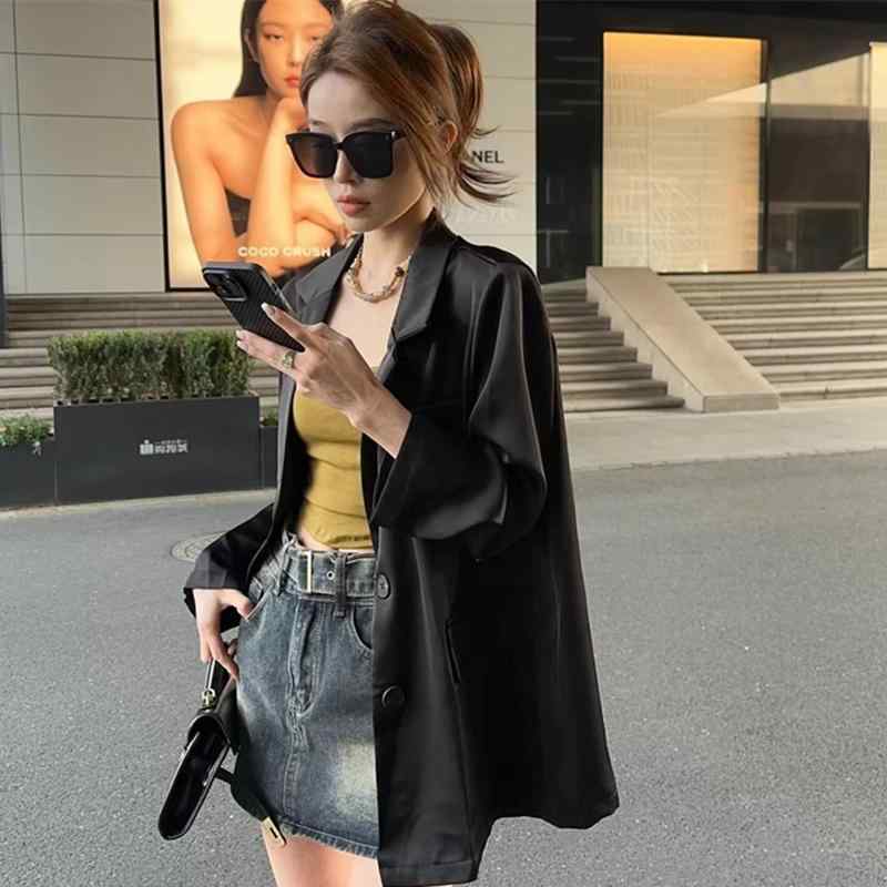 洗える ウォッシャブル オールシーズン ビジネス　スーツ　ジャケット 高級 ブラック スモール スーツ ゆったり 長袖 トップス 薄手 2025 春夏 軽量 アセテート ジャケット