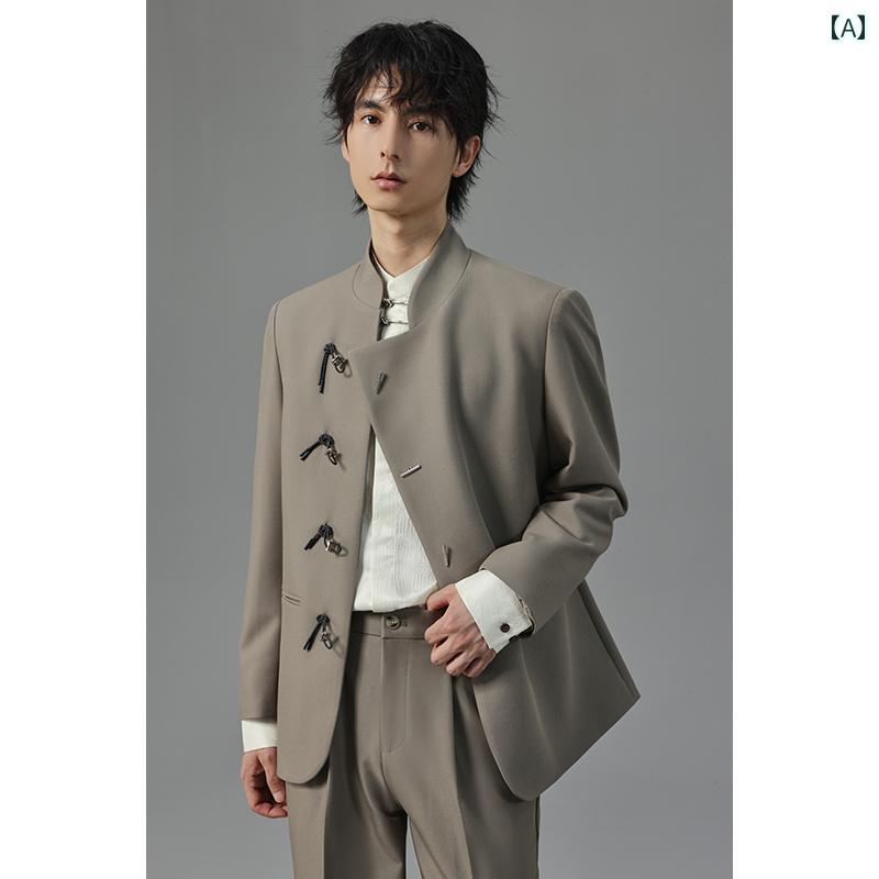 洗える ウォッシャブル オールシーズン おしゃれ スーツ　ジャケット　カジュアル 【 収納】 メンズ ボタン ダウン スタンドカラー カジュアル スーツ 新型 チャイナ風 ジャケット 2025 春 シングル