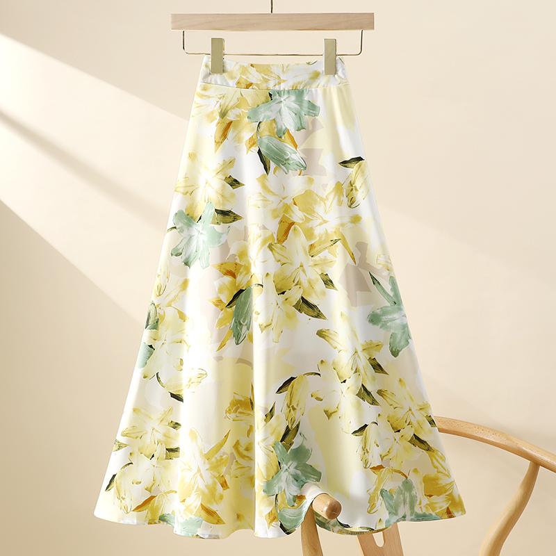 花柄スカートふんわり 裏地付き キレイめ カジュアル 花柄　スカート　レディース 黄色の シフォン 花柄 スカート レディース 夏の 大きい 裾 a ライン ミドル丈 アンブレラ 油絵 風 ロング