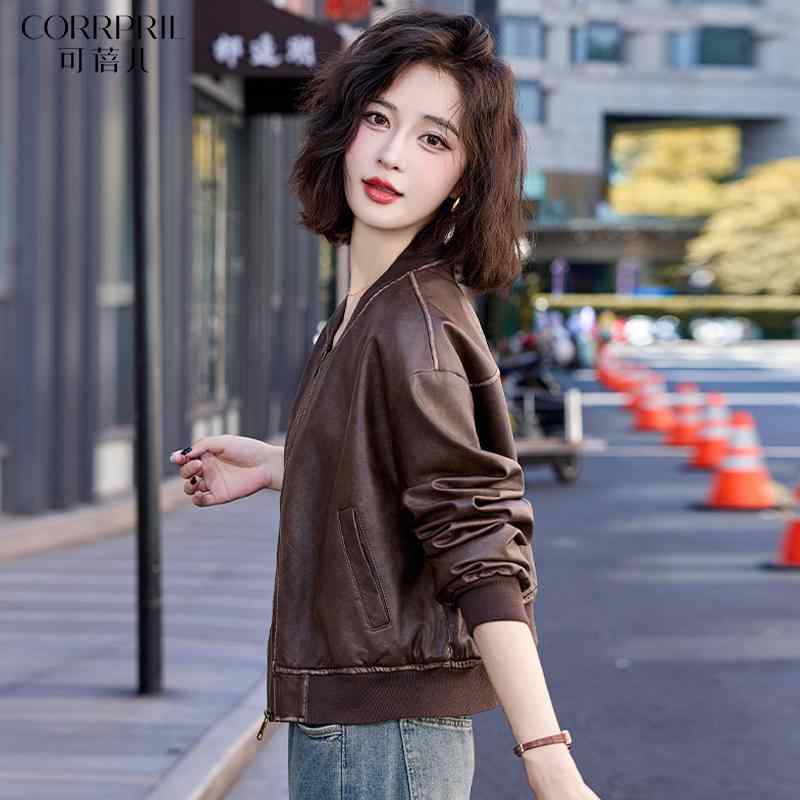 韓国 女性ジャケット おしゃれ きれいめ シンブル 体型カバー レディース　コート　ジャケット Haining レザージャケット レディース 2025 春秋 ハイエンド ショート コート トップス(4)