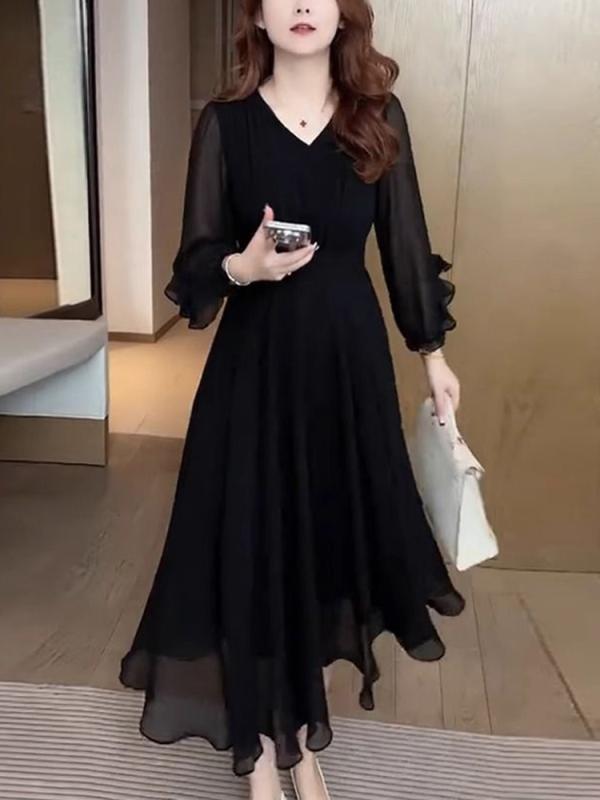 きれいめ 上品 シンプル 大人カワイイ レディース ドレス ワンピース 女性用 ファッション ドレス 2025 春秋 西洋な ウエスト スリミング Vネック ミディアムと ロング スカート