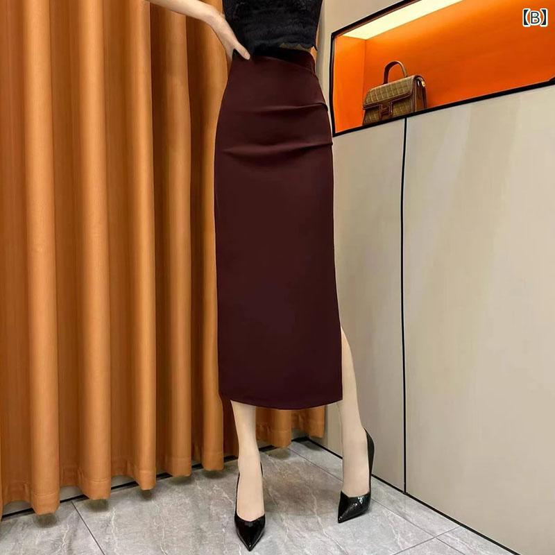きれいめ 上品 シンプル 大人カワイイ レディース ドレス ワンピース スリット プリーツスカート レディース 2025 秋 ハイウエスト スリム ミディアム ロング ヒップ スカート ハイエンド aライン