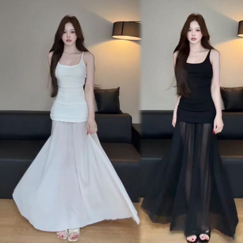 キャミワンピ 無地 ロング丈 ペチコート キャミソール　トップス　レディース 【 綿 リブ メッシュ】 ..