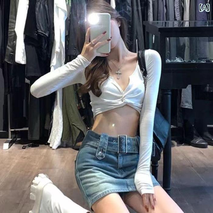 レディース スウェット 長袖 トップス 無地 小 衆 感 v ネック t シャツ 女性 長袖 レイヤリング シャ..