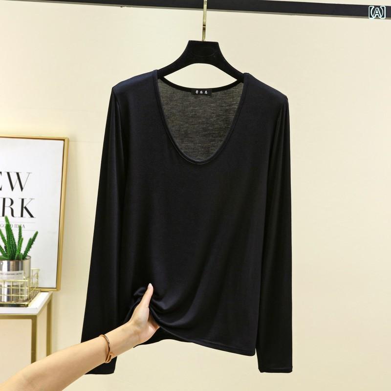 レディース スウェット 長袖 トップス 無地 韓国 系の 基礎の 卵 U 襟 長袖 t シャツ 女性 春秋 太り ..